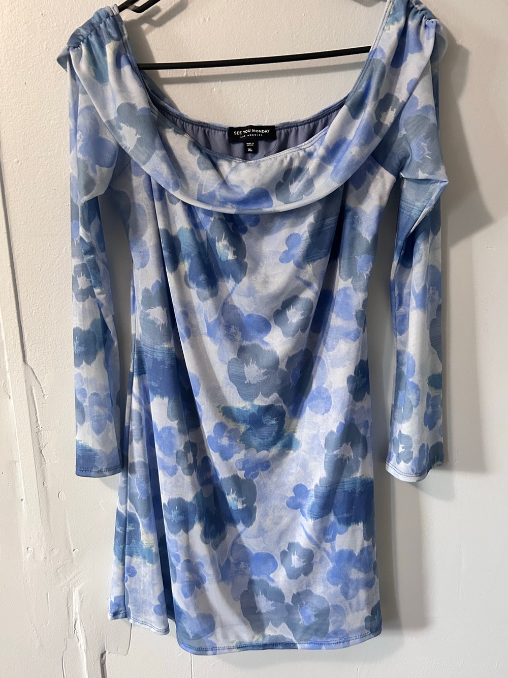 See You Monday Blue & White Floral Off-Shoulder Tunic